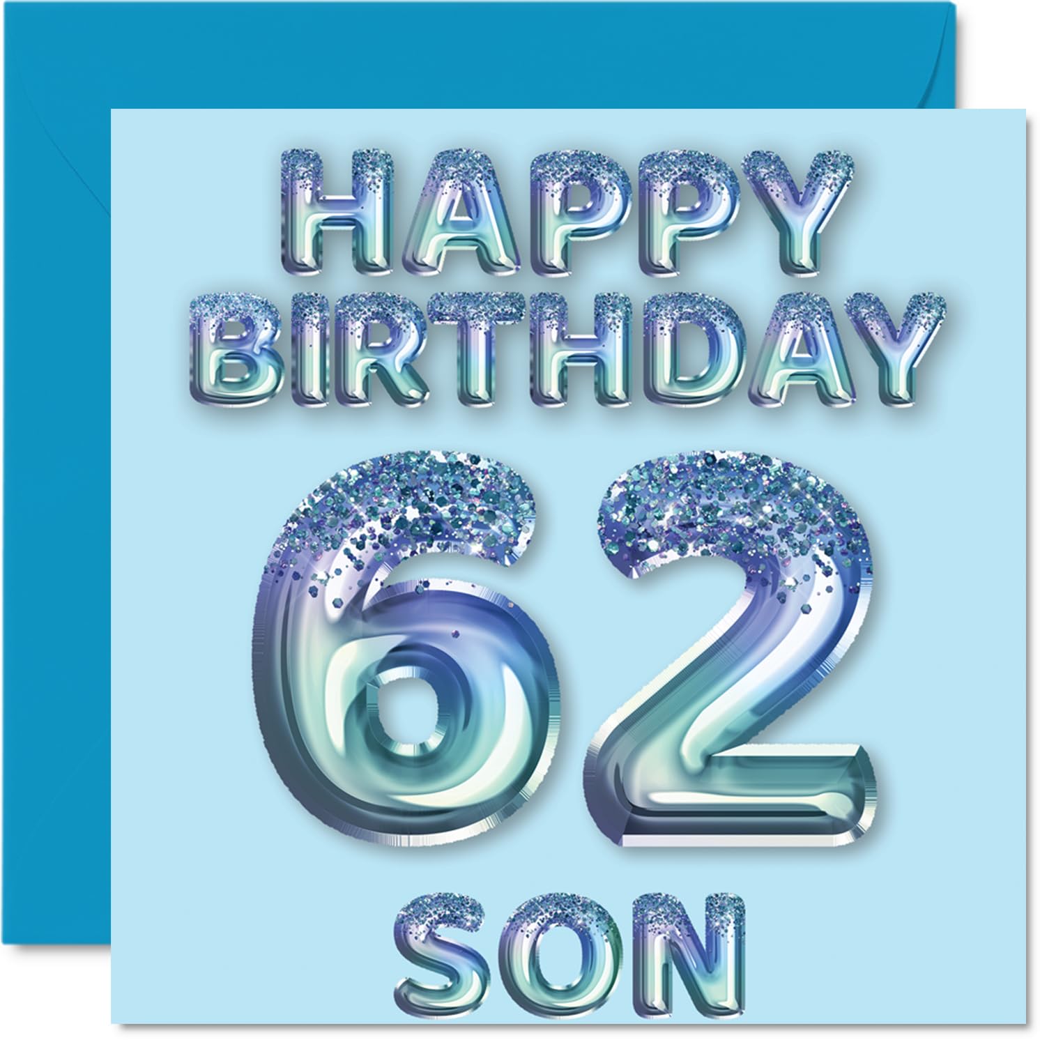 62nd Birthday Card for Son, Blue Glitter Party Balloons