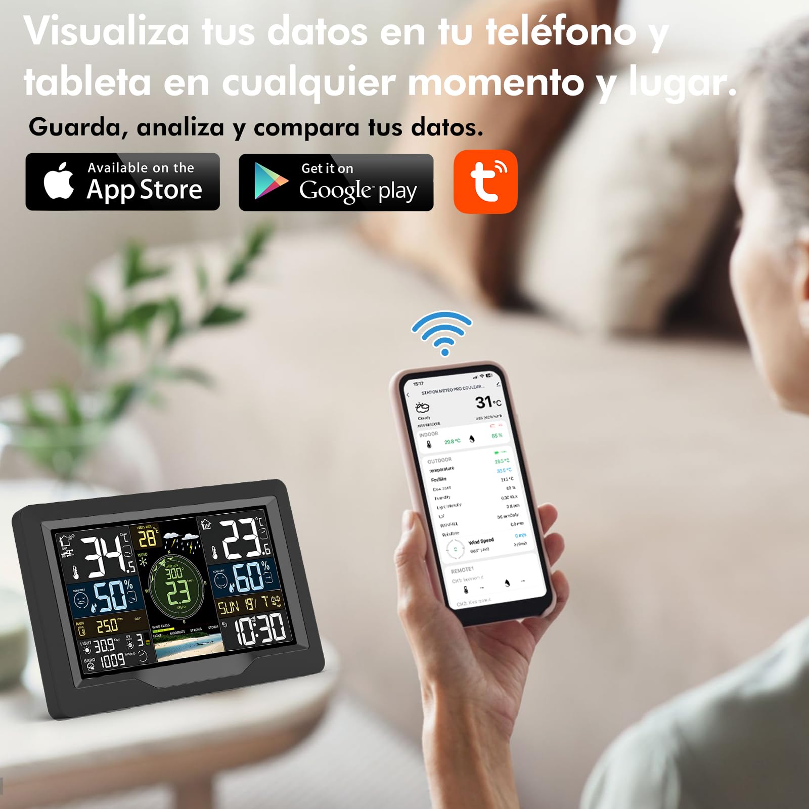 jely Estacion Meteorologica Wifi con APP Estación Meteorológica Interior y Exterior Termometro Higrómetro con Sensor Exterior, Pluviómetro, Anemómetro, Termómetro, Higrómetro, Pronóstico del Tiempo