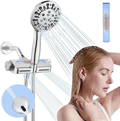 Miniatura 8 de Cabezal de ducha filtrado con combo de mano, cabezal de ducha con filtro de agua dura con 9 modos de ducha, cabezales de ducha dobles de alta Níquel