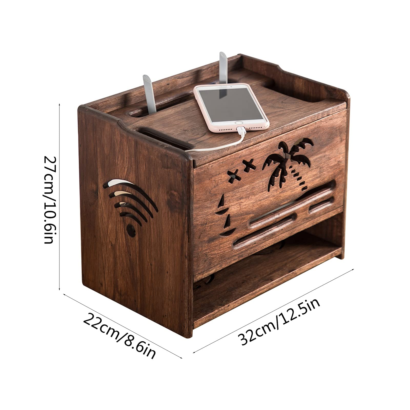 Boîte de rangement en bois à double couche Boîte de rangement de câble Organiseur Bureau de bureau Tidy Power Bande anti-poussière Boîte de rangement de routeur en bois, Ouverture supérieure / avant