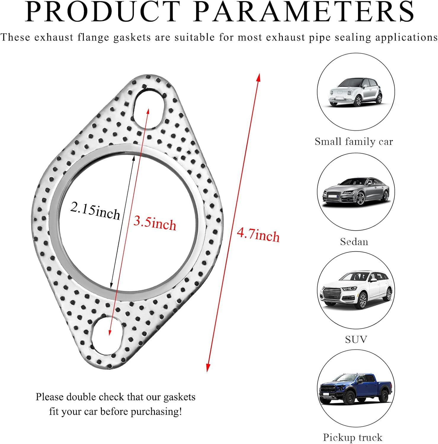 Yourkar 2 PCS Car Exhaust Gasket, 2.5 Inch 2-Bolt Exhaust Flange Gaskets Replacement, Standard Manifold Gaskets Made of High Temp Gasket Material, Universal Car Accessories