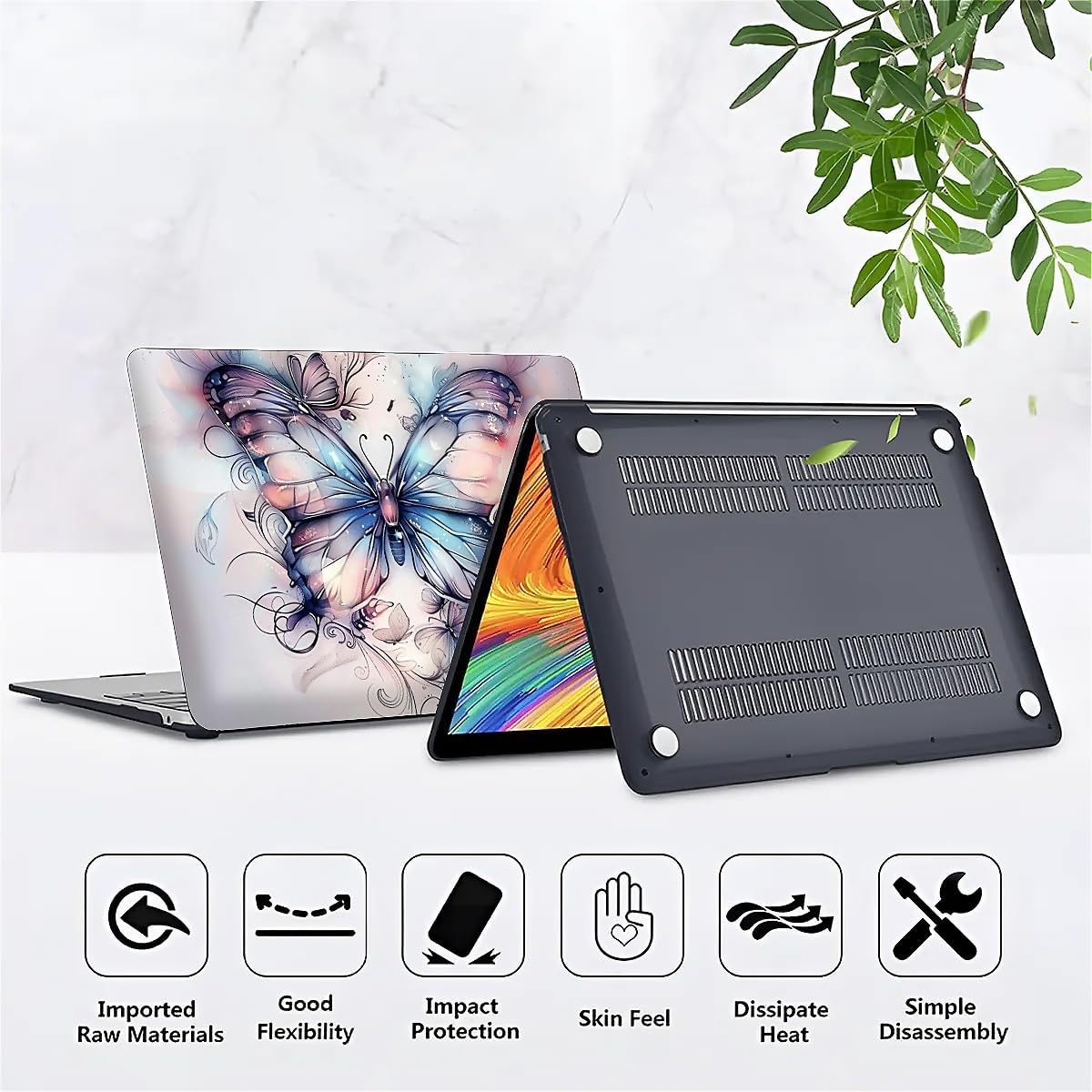 Compatible with MacBook Air 15 Inch 2023 2025 Release M2 A2941 M4 A3241 Plastic Black Computer Case for Girl Boy Fashion Pattern Dreamy Fantasy Blue Purple Pink Butterfly