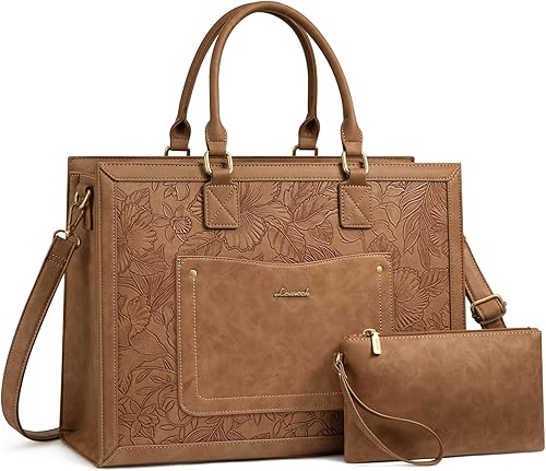 Miniatura 11 de LOVEVOOK Bolso de lona para laptop para mujeres, de 15.6 pulgadas, bolsos de trabajo, bolso de cuero vintage, bolsos de computadora impermeables con