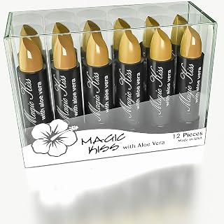 Magic Kiss Pack of 12 Color Changing Aloe Vera Lipstick set, MADE IN USA (Gold)