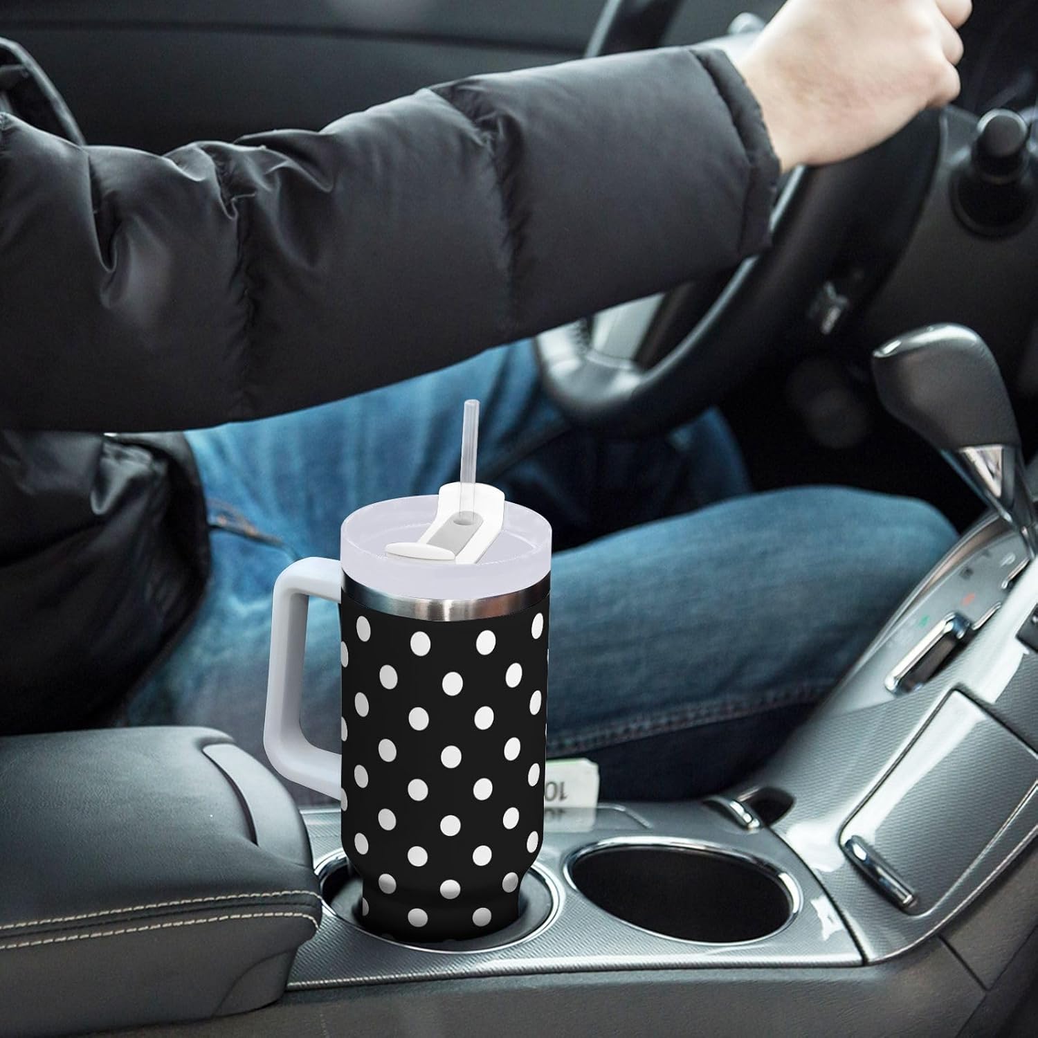 Black and White Polka Dot 30oz Insulated Tumbler with Handle & Straw Lid, Stainless Steel Reusable Vacuum Travel Coffee Mug Leakproof Cupholder Water Bottle - Image 7