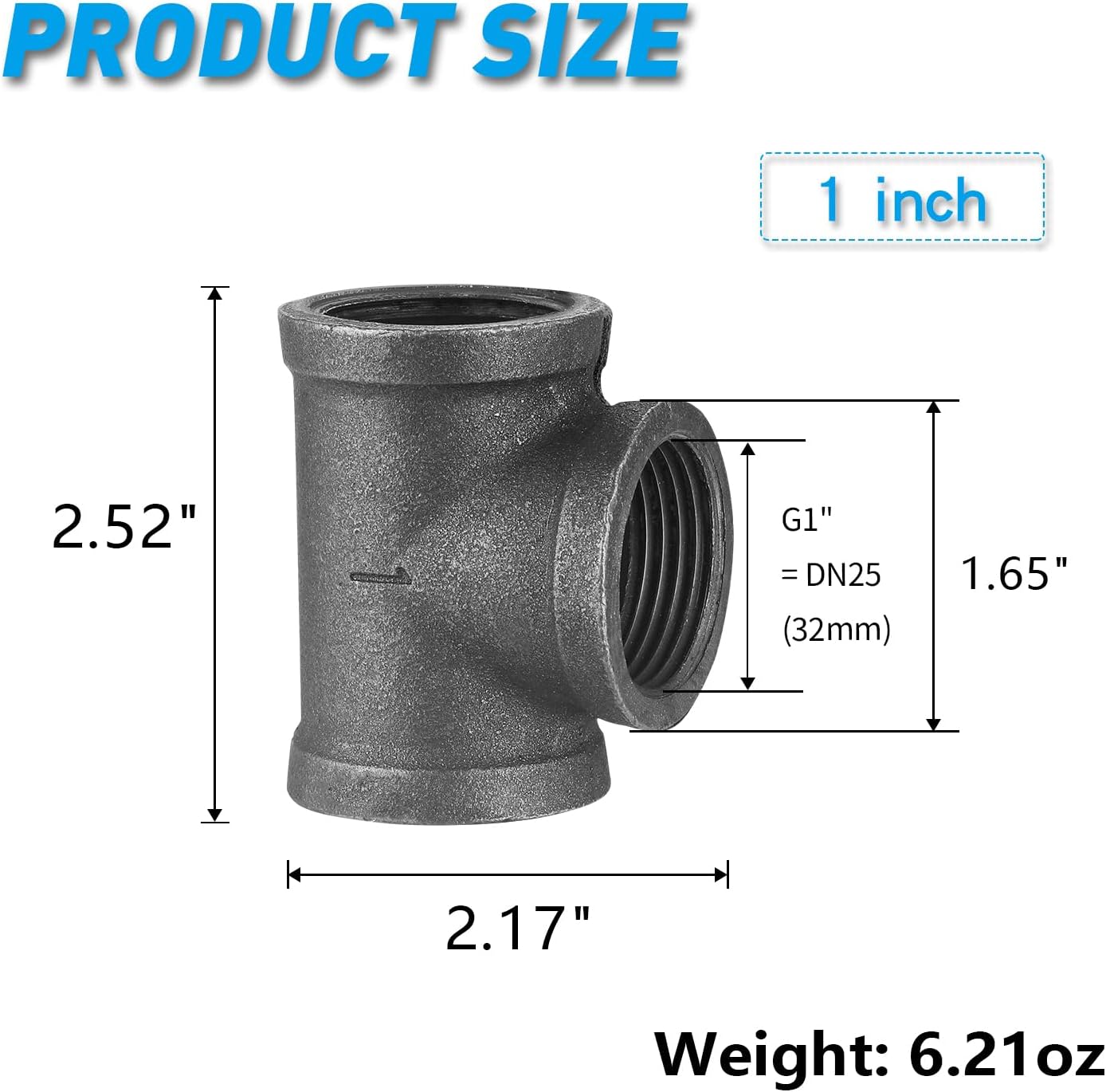1" Pipe Fitting Tee, 10 Pack DN25 Threaded Gray Cast Malleable Iron Tee for Steampunk Vintage Shelf Bracket DIY Plumbing Pipe Decor Furniture (10, 1")