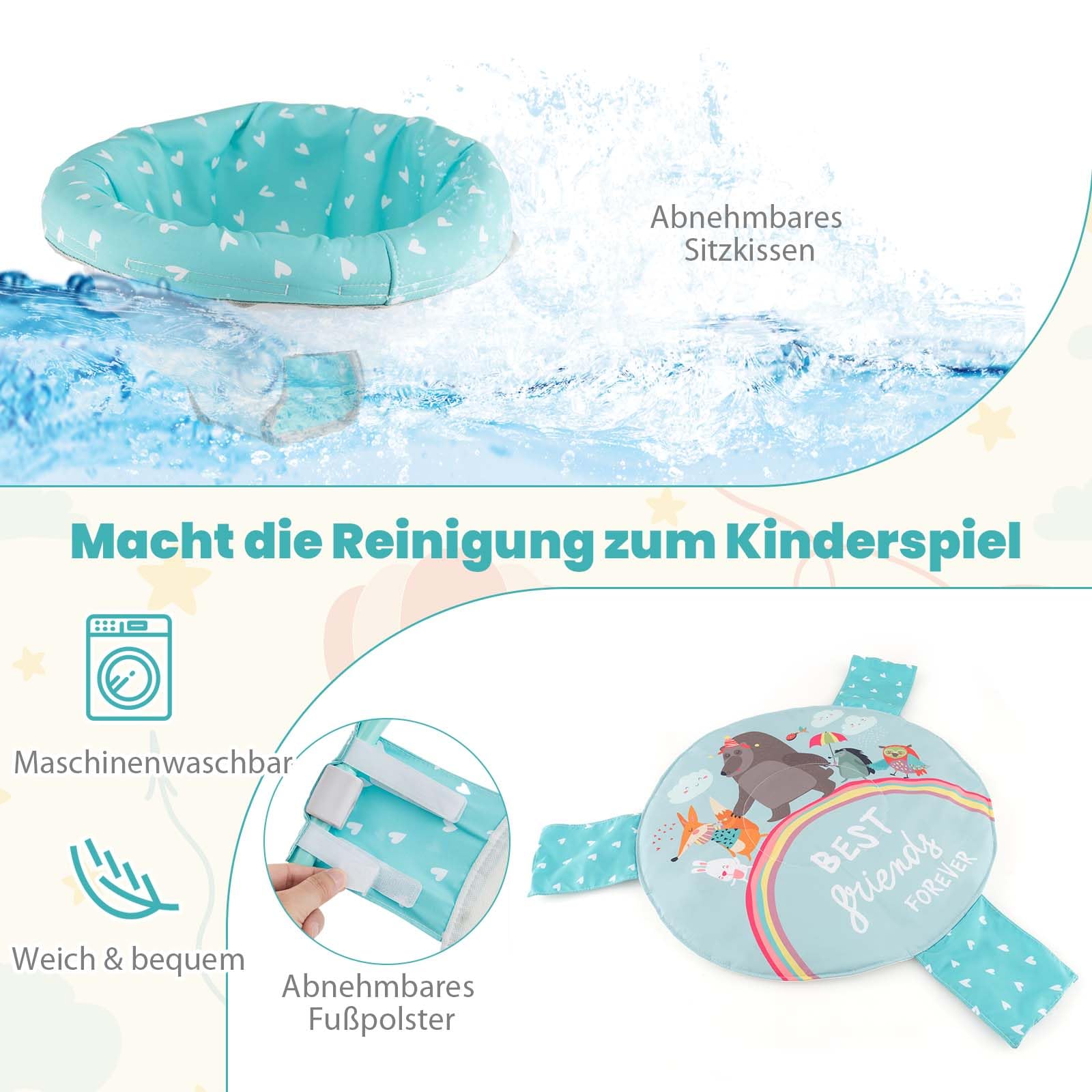 DREAMADE Stationäres Aktivitätscenter, Tierwelt-Jumperoo mit abnehmbarem Fußpolster, Spielcenter mit 360°-Drehsitz, 3 verstellbaren Höhen, Musiktablett & Hängespielzeugen für Babys ab 6 Monaten