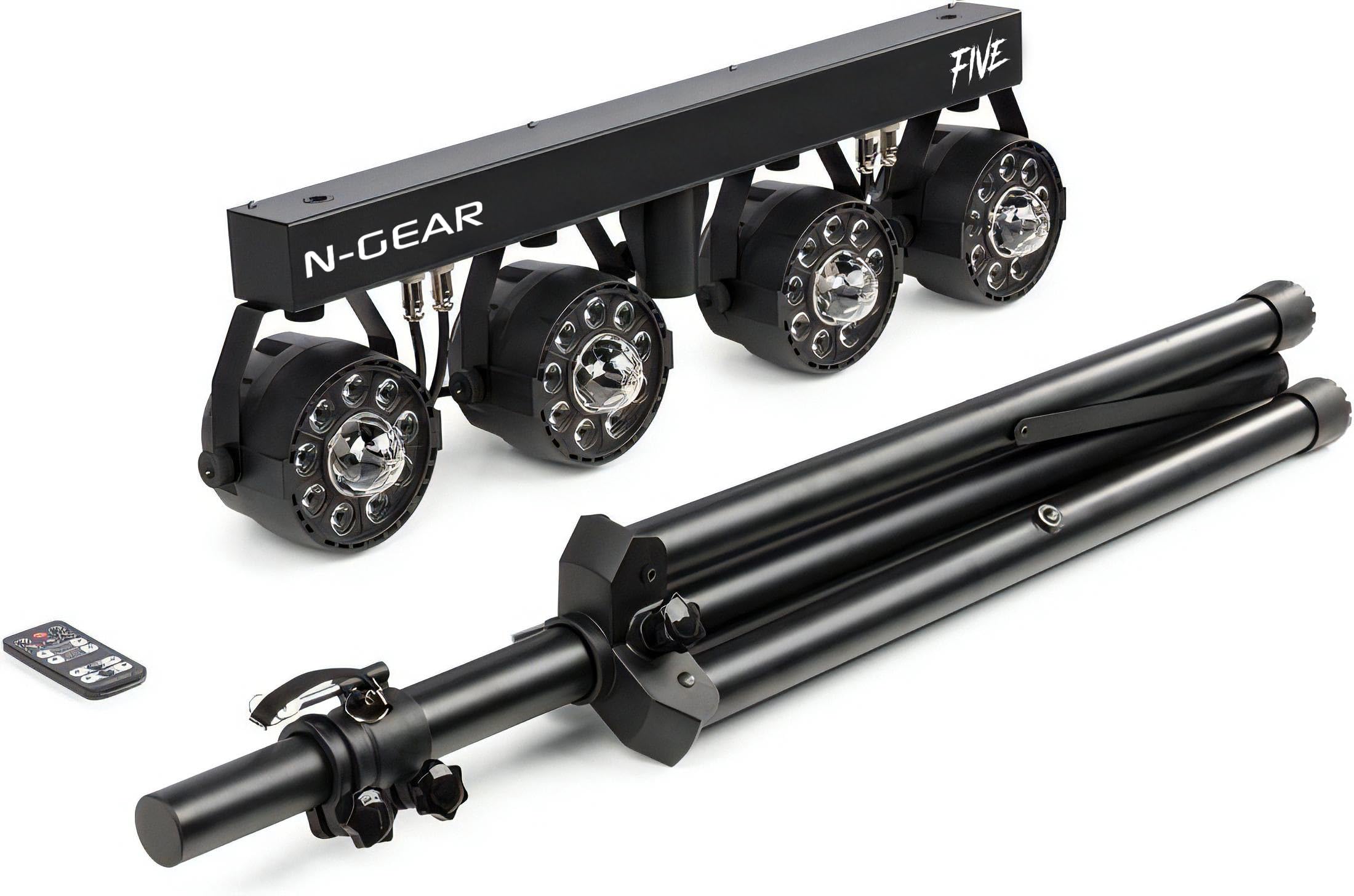 N-Gear PartyBar Five Barra de Luces LED PAR RGB DJ con Trípode y Mando | 4 focos PAR RGB - control DMX y modo música - mando a distancia - trípode ajustable - para fiestas, discoteca y escenario