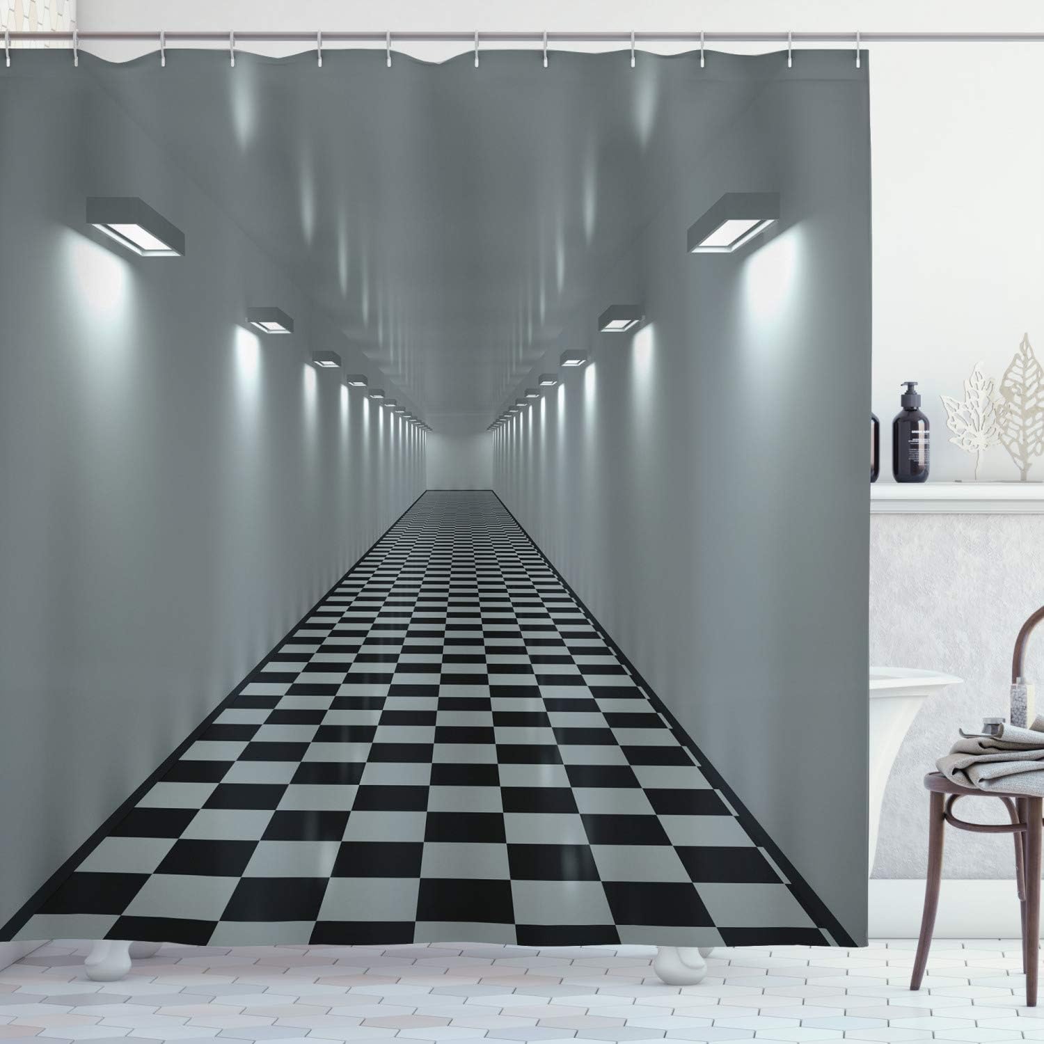 Modern Shower Curtain by Ambesonne, Long Corridor Ceiling Tiled Floor Minimalistic Design Office Interior Artwork, Fabric Bathroom Decor Set with Hooks, 70 Inches, Pale Sage Green