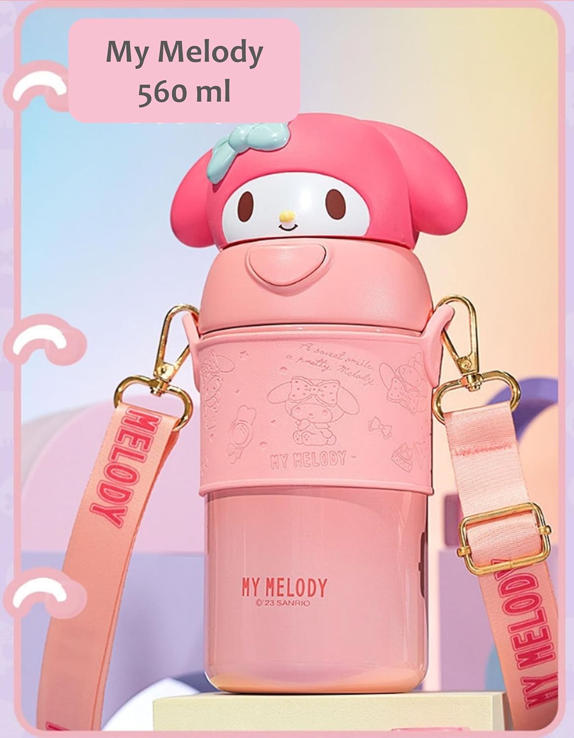 My Melody Pink Stainless Steel Insulated Water Bottle (Straw) with Strap 560ml - Image 2