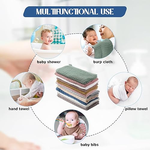 Miniatura 4 de Remagr Paquete de 12 paños de muselina para bebé, 6 capas de algodón suave de 10 x 20 pulgadas, grandes, de muselina de varios colores, género