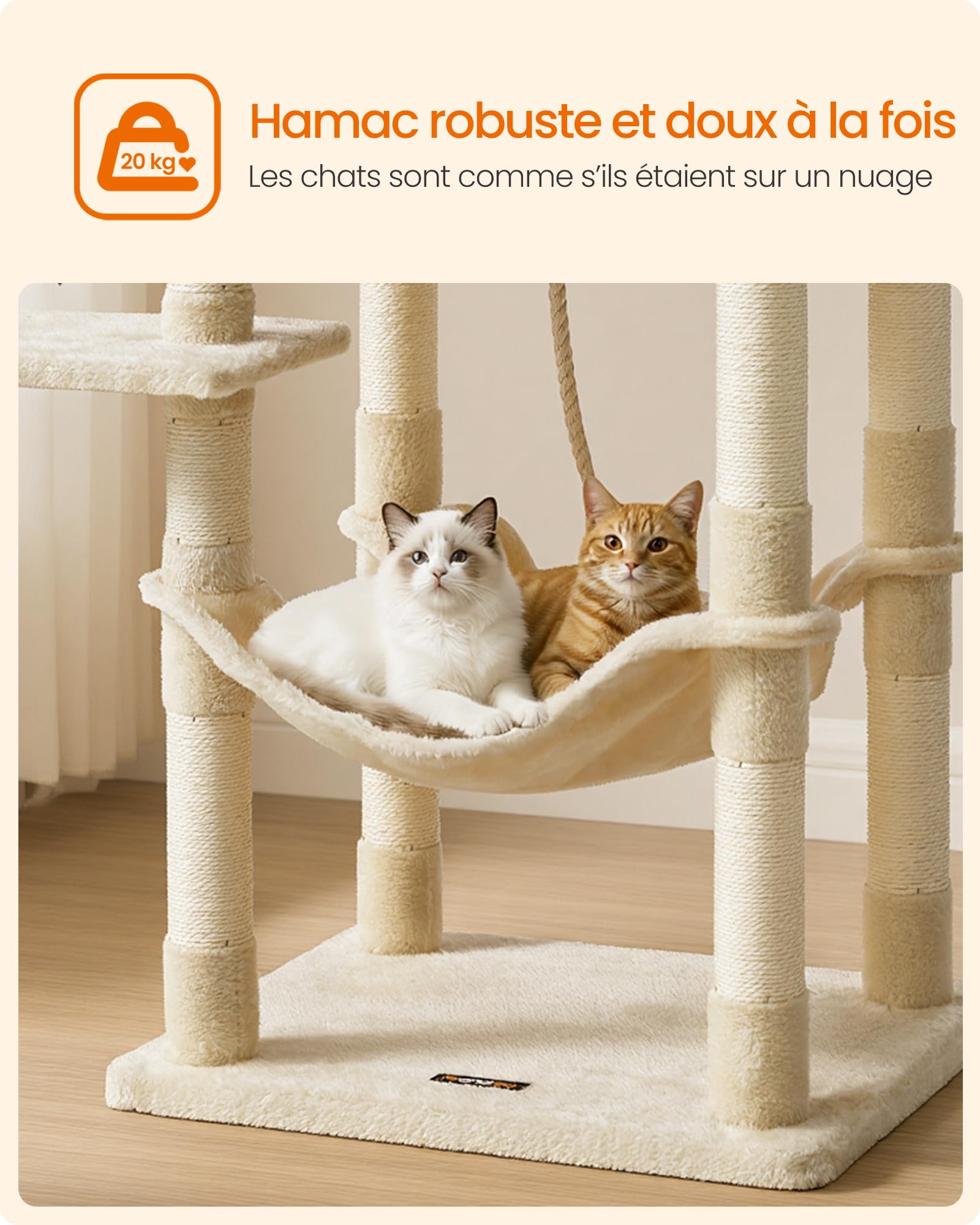Feandrea Arbre à Chat Hauteur 143 cm, Tour de Jeux pour Chat, avec 11 Poteaux à Griffer, 2 Plateformes, 1 Niche, 1 Hamac, 2 Pompons, en Tissu Peluche, Plusieurs Niveaux, Beige PCT15BE