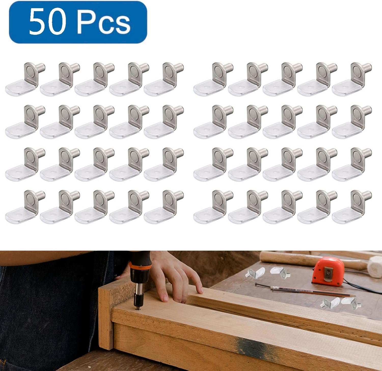 5mm (1/5 inch) Shelf Support Pegs, 50 Pcs L-Shaped Metal Support Pegs with Silicone Sleeve for Kitchen Bookcase Cabinet Furniture Support, Nickel Plated Shelf Pins Holders
