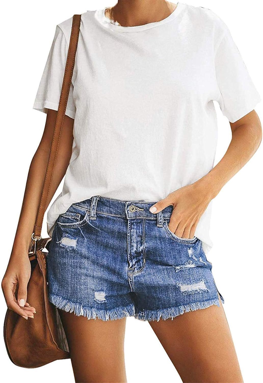 onlypuff Women Denim Shorts Ripped Mid Waisted Jean Shorts with Pockets - Image 2