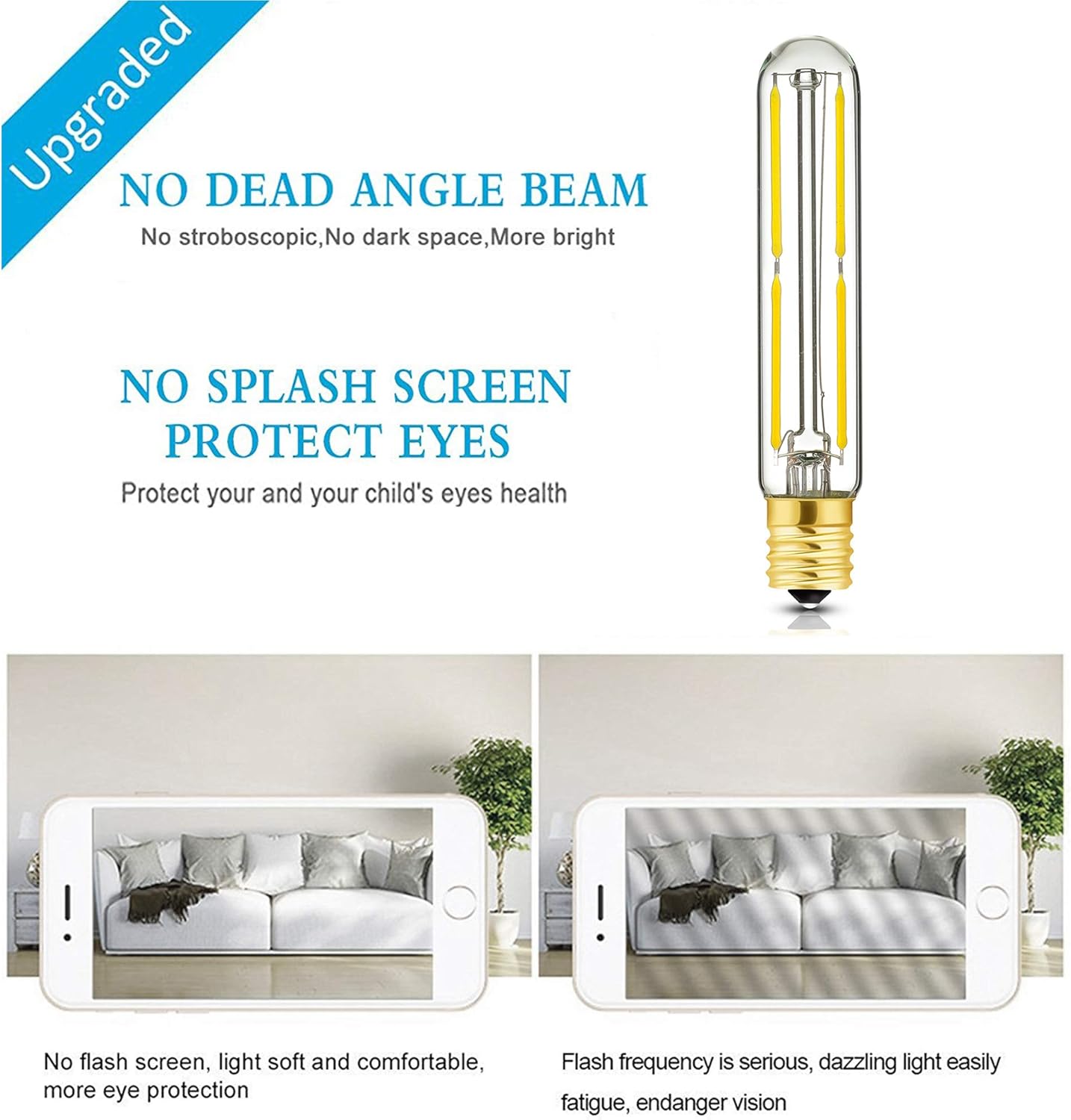 E17 LED T6.5 Tubular Filament Bulb,Dimmable 4W Led Tube Bulbs, 500lm, 4000K Daylight, 40 Watt Incandescent Bulb Equivalent, for Exit Sign Light, Refrigerator, Freezer, 6 Pack.