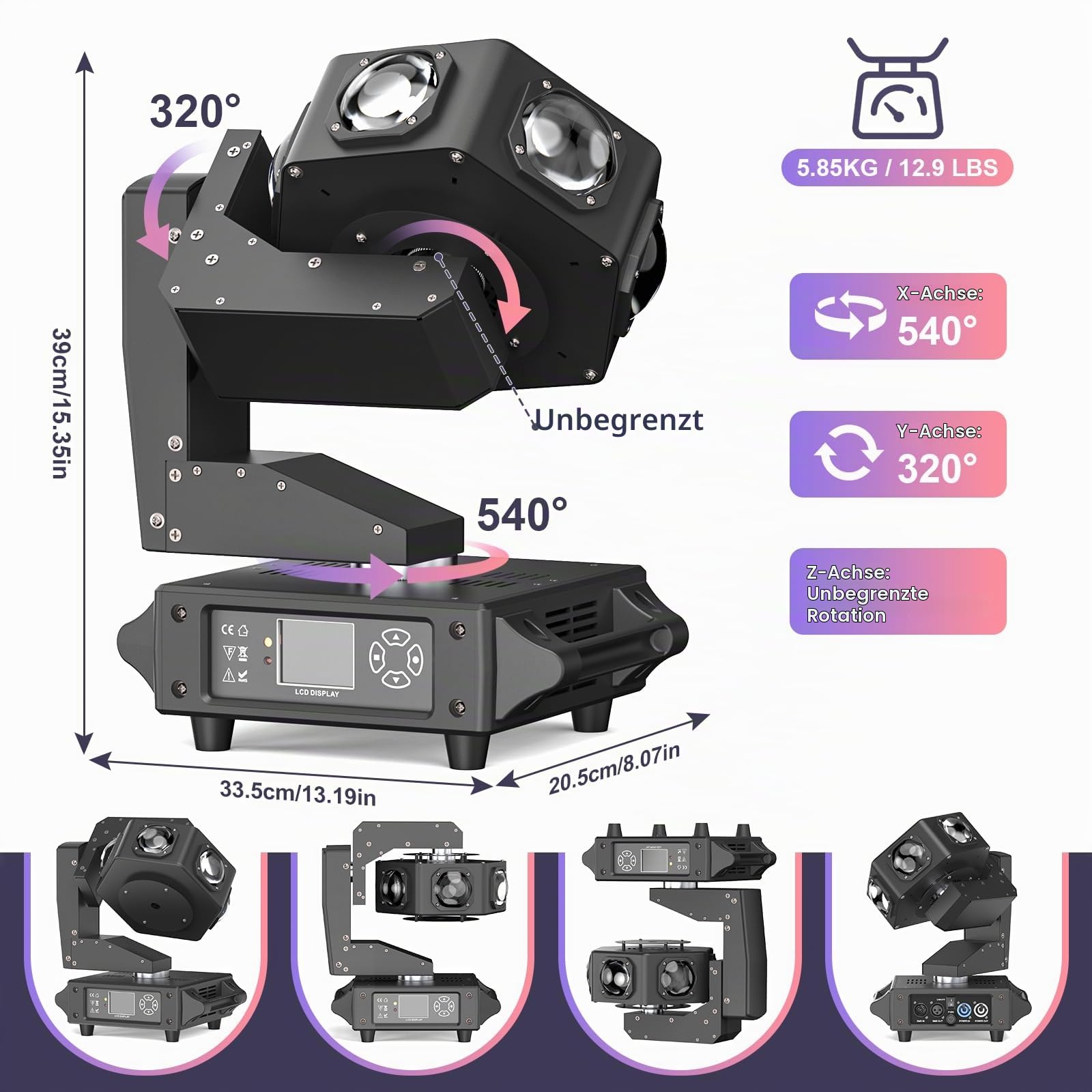 Moving Head Led 240W Discolicht Strobo-Effekt Partylicht 360°rotation continue Achse stufenlos drehbar Bühnenlicht für Familie Die Party Klub Hochzeit Geburtstag Nachtclub Bühnenbeleuchtung