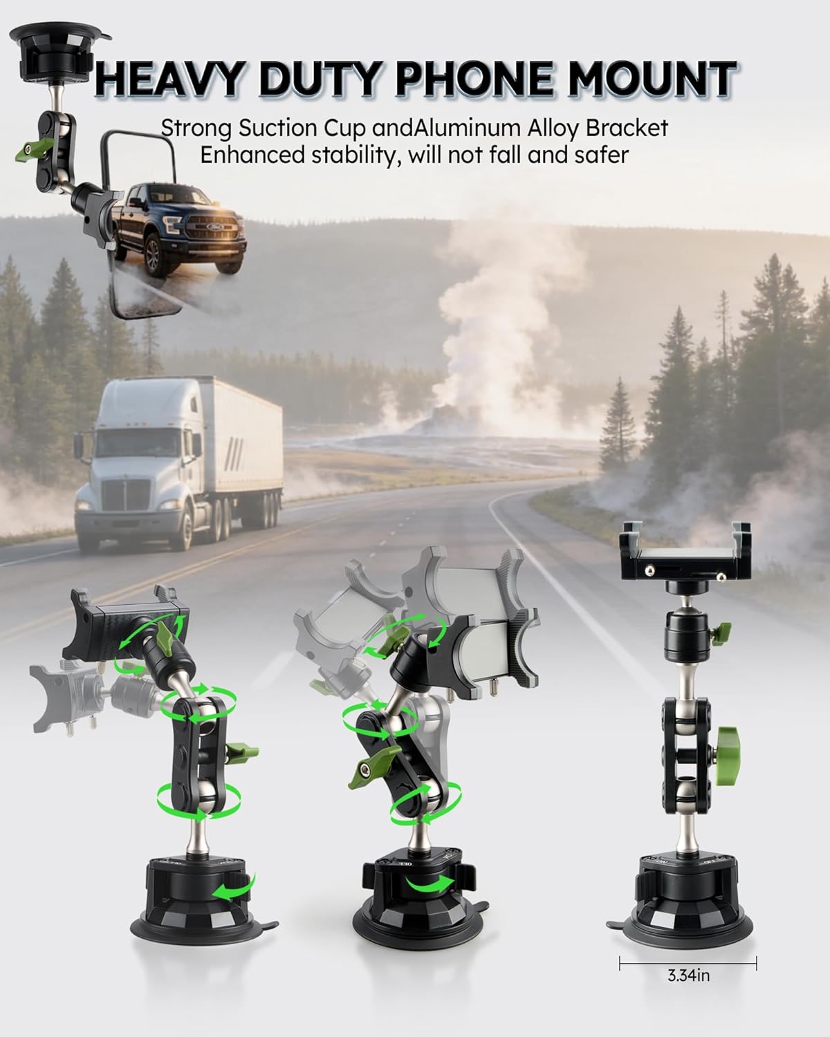 Heavy Duty Phone Mount for Truck, Suction Cup Windshield Car Phone Holder, Ultra-Durable Mteal Car PhoneHolder for F- 150 RAM Silverado Kenworth Peterbilt Freightliner, 360° Anti-Shake Car Phone Mount