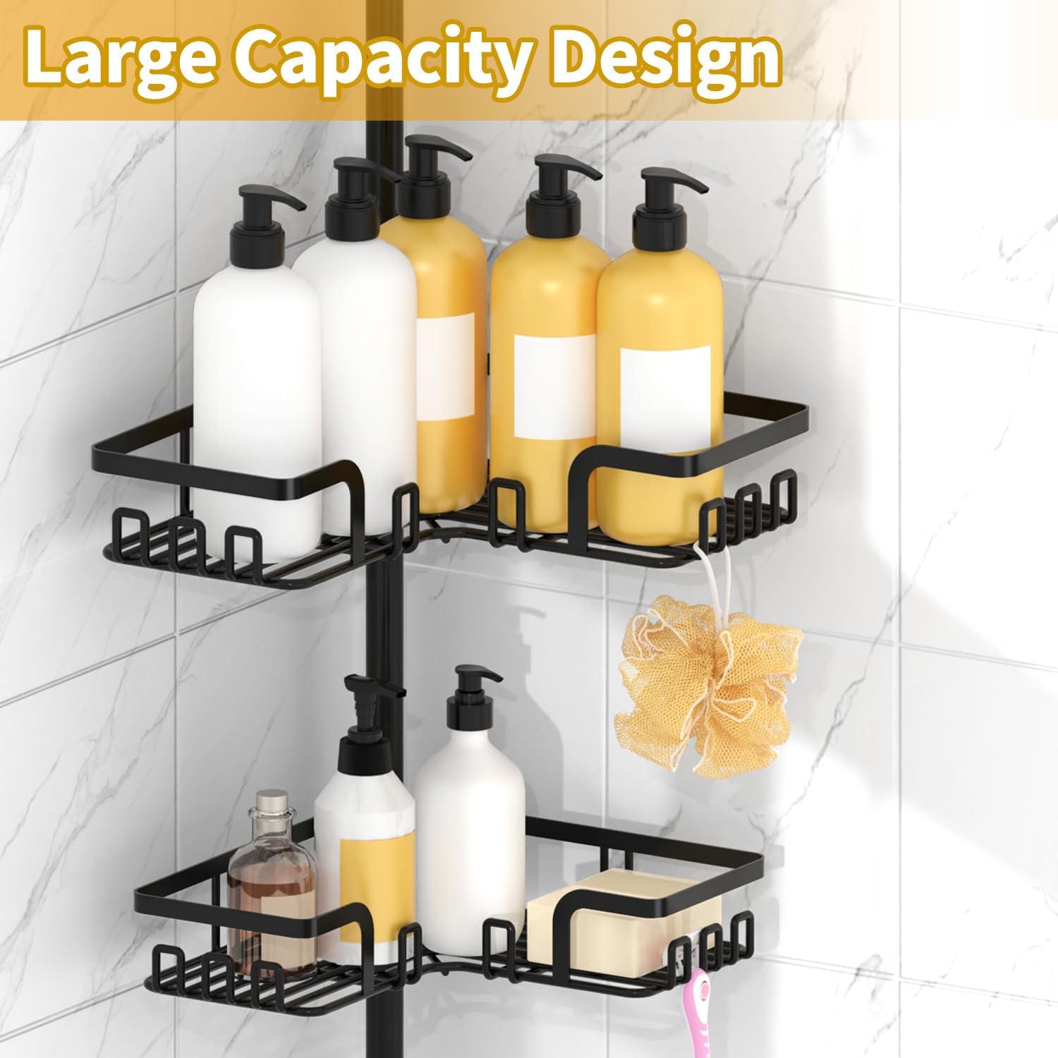 KEGII Adjustable Shower Caddy Corner Tension Pole, Rustproof Shower Rod Organizer with Hooks, Floor to Ceiling Tension Rod 25-114.2 Inch, Bathtub Storage Organizer for Shampoo, 4-Tier Black