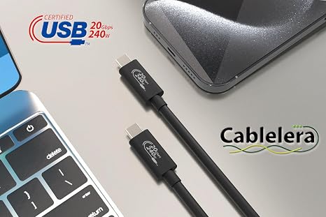 Cablelera USB 4.0 Gen2 x 2 Type C Cable, 20Gbps High Speed Data Transfer, 4K Video, USB C Cable, Charger, EPR 240W Ultra Fast Charging, iPhone, Samsung, Google, ROG, Thunderbolt 3. Black, 2M