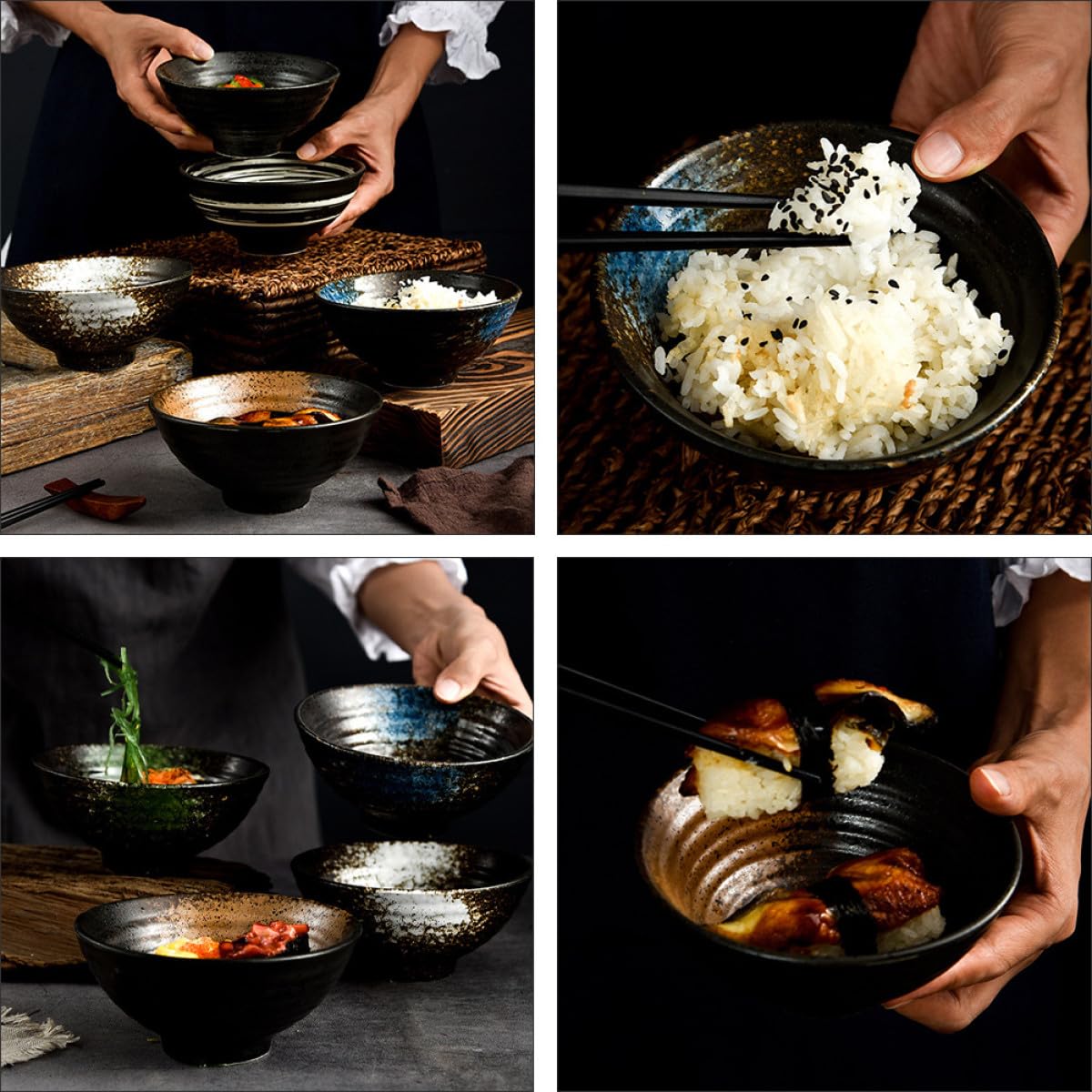 Luxshiny Tazones de Cerámica Japoneses Fáciles de Limpiar Juego de 4 Aptos para Comidas Frías y Calientes, Estilo Japonés Color Aleatorio para Ramen y Arroz