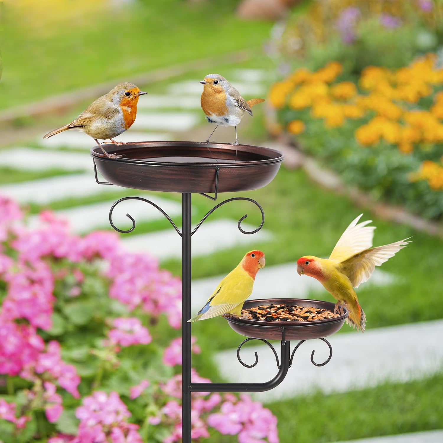 42" Large Freestanding Metal Bird baths for Outdoors Bird Feeder for Garden Decor, Removable Bowl with Strong 5 Stakes, Bird Bath for Outside, Ground Mounted Birdbaths for Pation Backyard Lawn