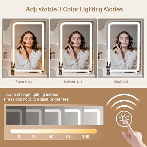 Miniatura 4 de FUXA Small Vanity with Chair, Makeup Vanity Desk with LED Mirror and 3 Light Modes, Girls Vanity Set with Charging Station, Compact Vanity Table