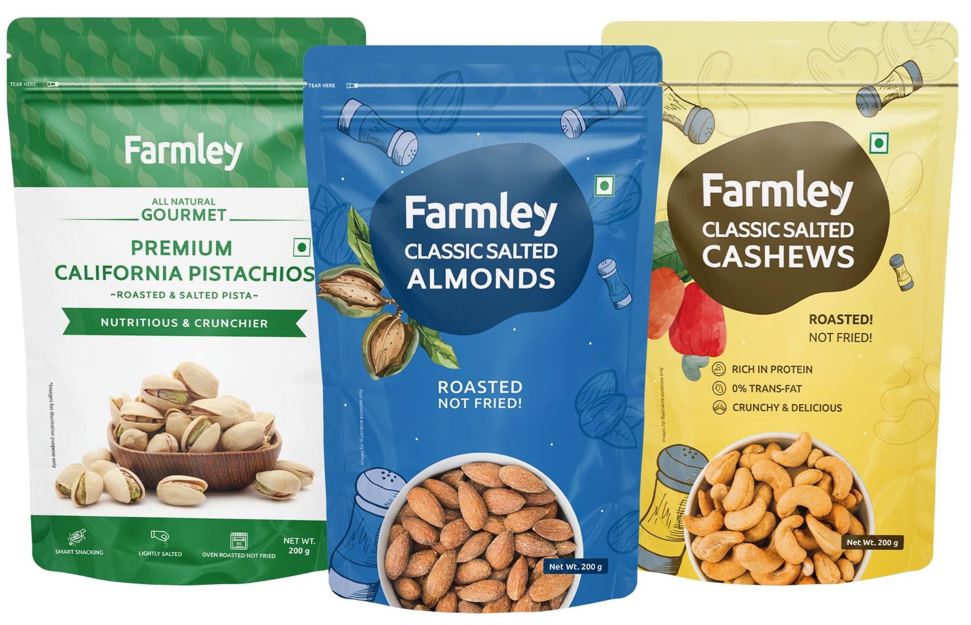 Farmley Dry Fruits Combos I 600g (3 x 200g) Farmley Salted Roasted Cashews | California Roasted Salted Pistachios | Classic Salted Roasted Almonds | Rich in Protein | Crunchy & Delicious (B0CB6HR5KJ) Amazon Price History, Amazon Price Tracker