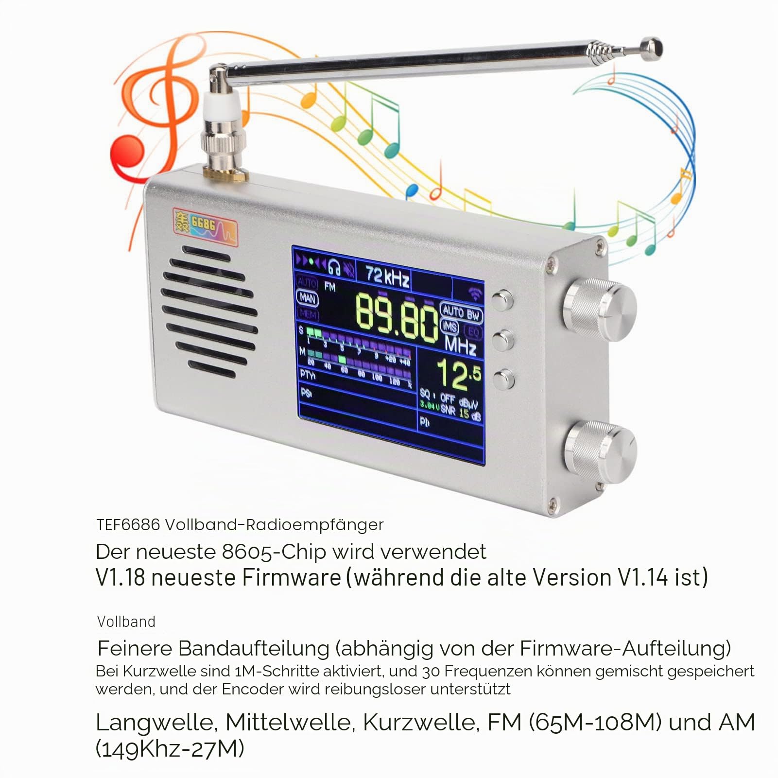 TEF6686 Vollband-Radioempfänger, Tragbares Digitales AM-FM-Stereoradio mit 3,2-Zoll-LCD-Bildschirm, 7000-mAh, Doppellautsprecher, Antenne und Gehäuse aus Aluminiumlegierung