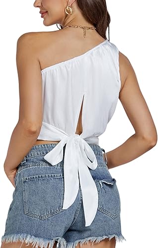 Miniatura 2 de LYANER Camiseta sin mangas de satén sexy con nudo en la espalda y nudo en la espalda para mujer