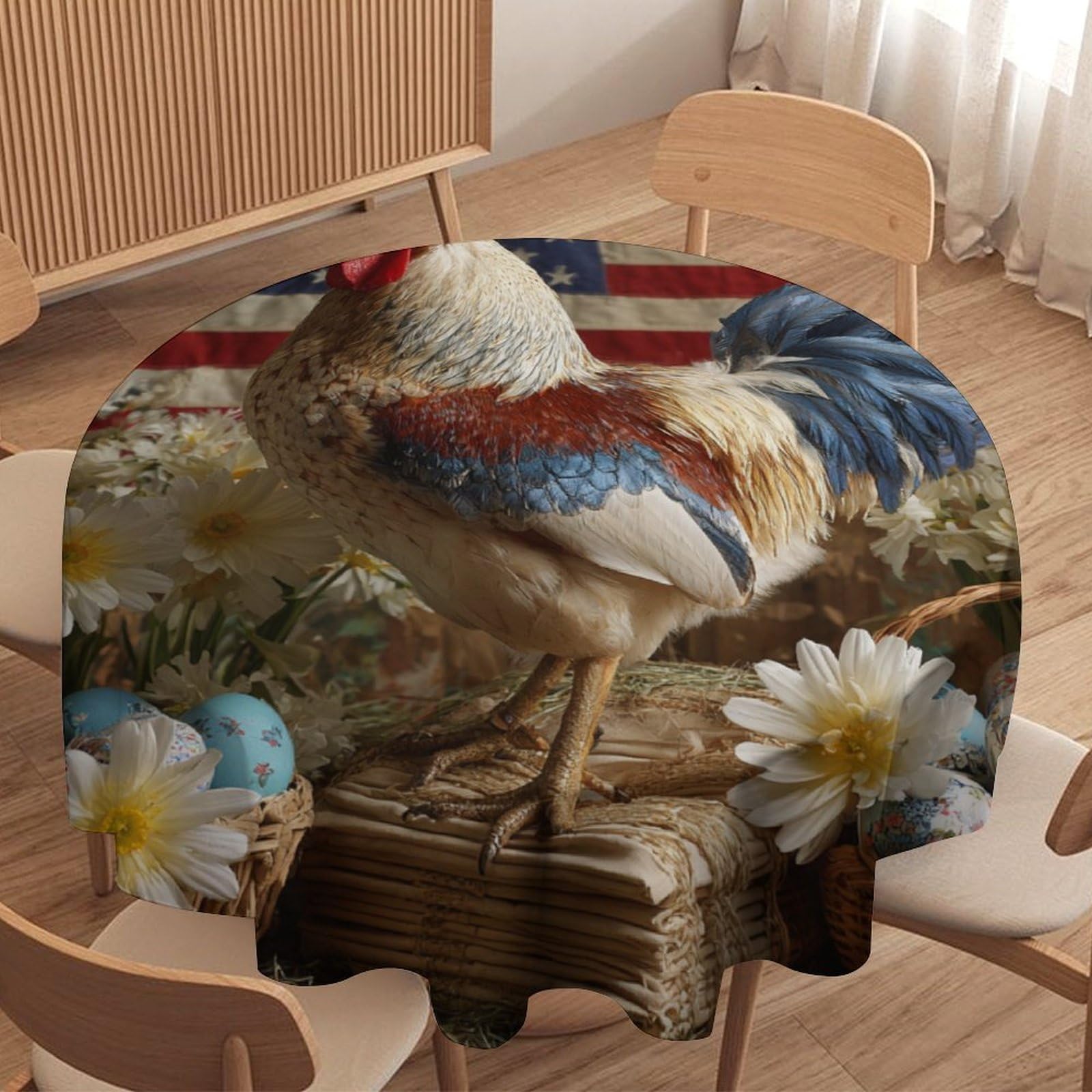 LUYYSKY Retro Abstract Animal Chicken Round Tablecloth Classic Patriotic American Flag Daisies Flowers Animal Rooster Washable Decor for Table Cover for Kitchen-127 Wx127 L cm