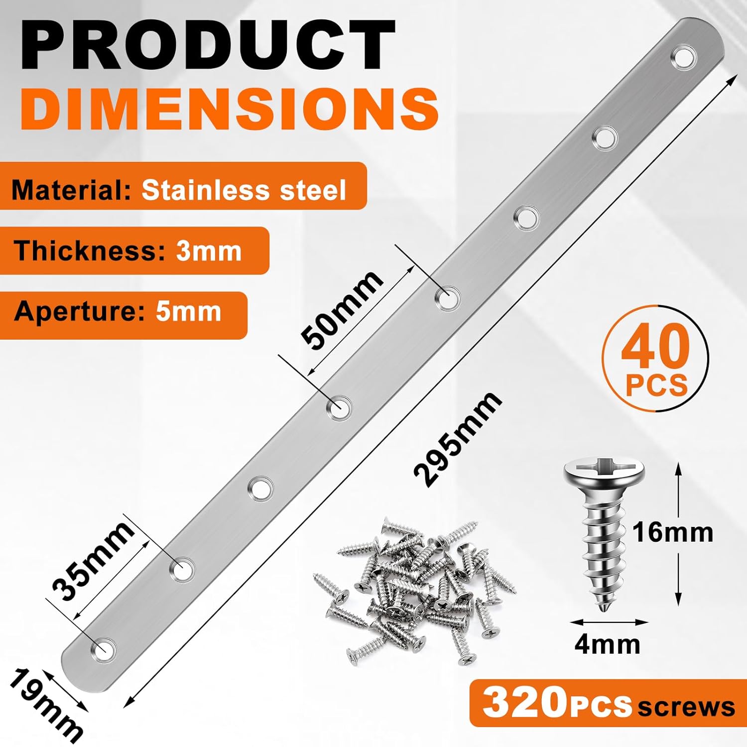 Zonon 40 Pcs Flat Mending Plate 12" Stainless Steel Straight Bracket Flat Straight Braces Metal Plate with Holes Mending Joining Plates Repair Fixing Bracket for Wood Connector with 320 Screw(Silver)