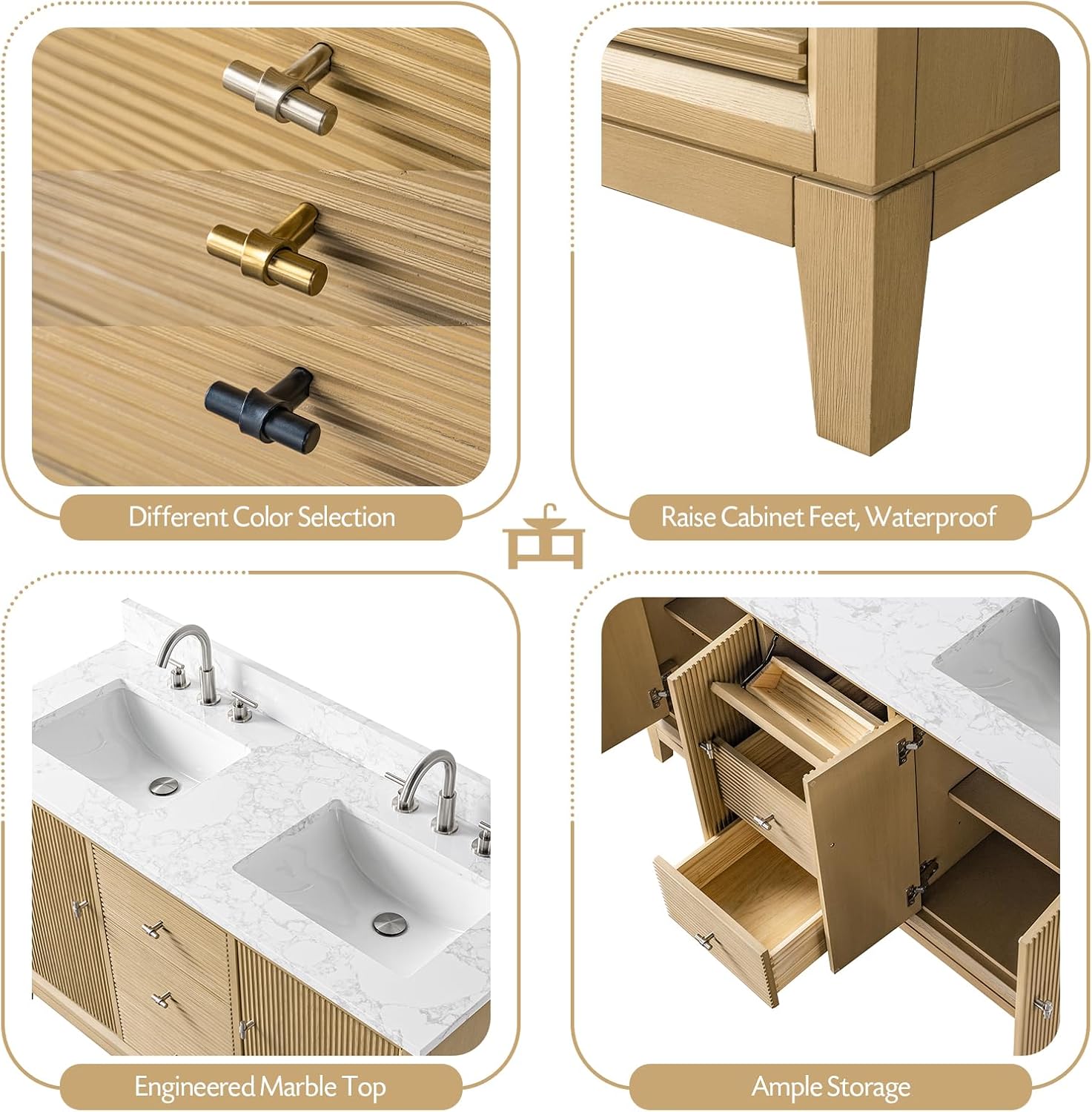 Vanity Art 60" Bathroom Vanity with Double Sink & Arabescato White Engineered Stone Top, Vanity Cabinet with Soft Closing Door, Solid Wood Frame, Matte Black Handles, Natural Oak VA8160D-NO-MB