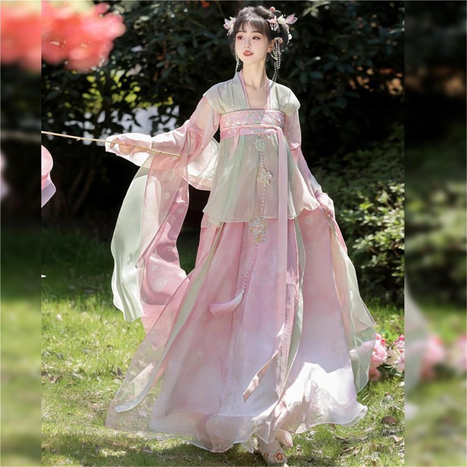 Chińska sukienka Hanfu kobiety przebranie na karnawał strój na imprezę Vintage starożytna dynastia Tang różowy i żółty gradient Plus rozmiar