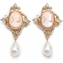 Victorian Cameo Earrings Vintage Pearl Drop Jewelry for Women Antique Gold Tone Studs Retro Dangle Accessories Elegant Portrait Statement Piece
