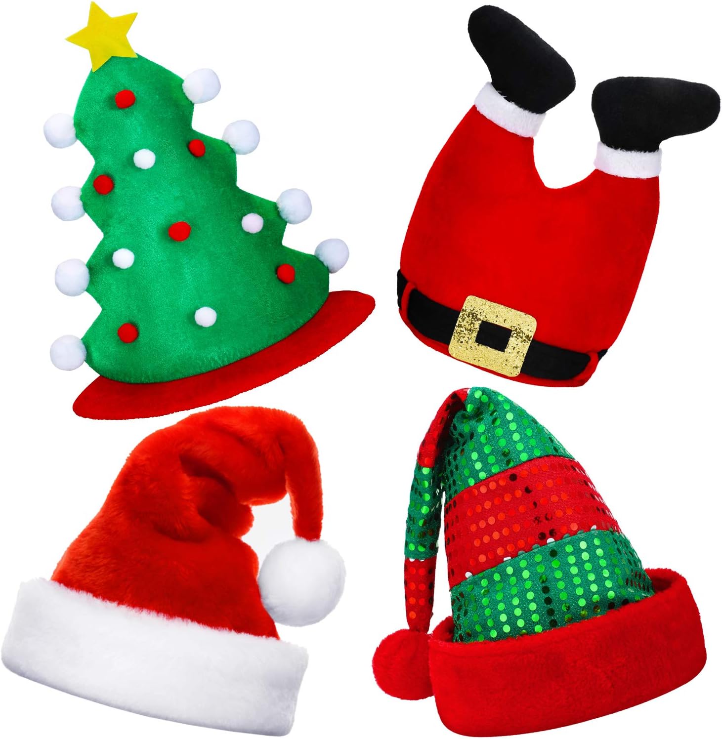 BBTO 4 Pcs Funny Christmas Hats Unisex Novelty Santa Claus Hats Bulk Crazy Xmas Tree Caps Christmas Elf Headgear Pants Headwear for Holiday Party Photo Booth Prop Costume Accessory Adult Men Women