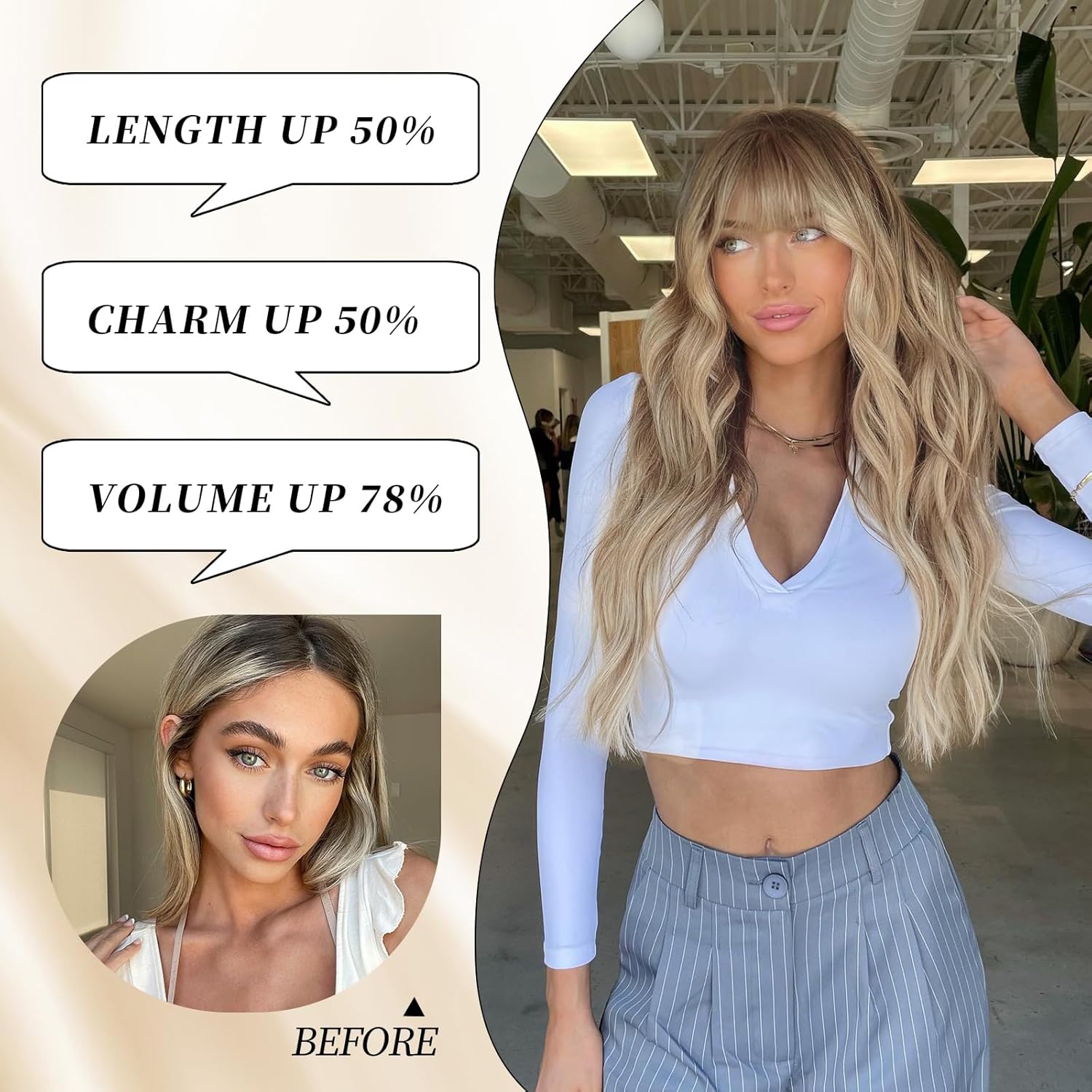 Lativ Dirty Blonde Wig With Bangs Long Wavy Curly Ombre Blonde Wig with Dark Roots Synthetic Heat Resistant Wigs for Women Daily Party Use 26 Inches - Image 3