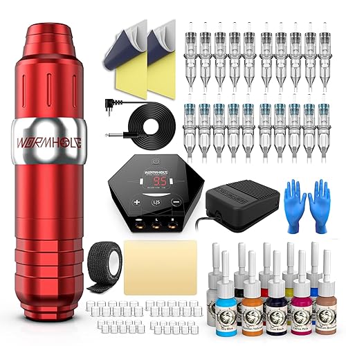 Wormhole Kit de tatuaje, bolígrafo giratorio para principiantes, kit de máquina de tatuaje profesional completo con agujas de cartucho de tatuaje,