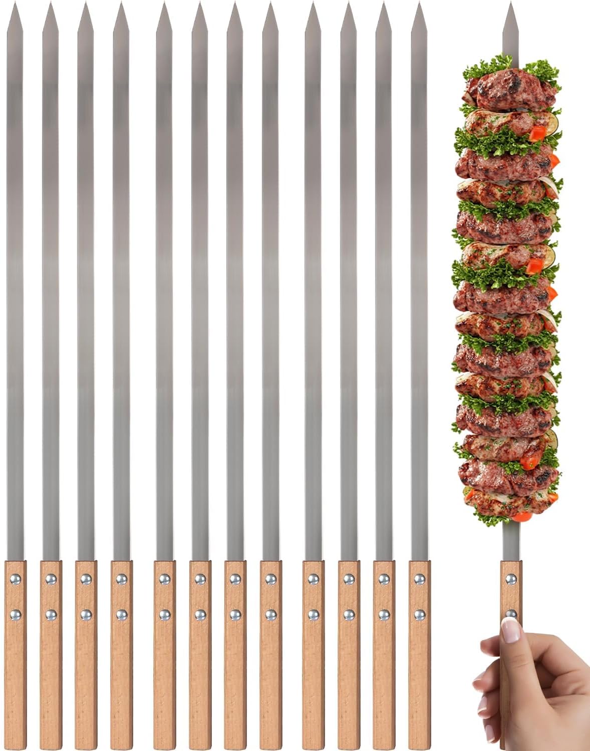 Lineslife 24PCS Kabob Skewers for Grilling, 23" Long 5/8 Wide Flat Metal Skewers for Kabobs, Reusable BBQ Stainless Steel Sticks with Wooden Handle for Outdoor Camping Picnic Cooking, Silver