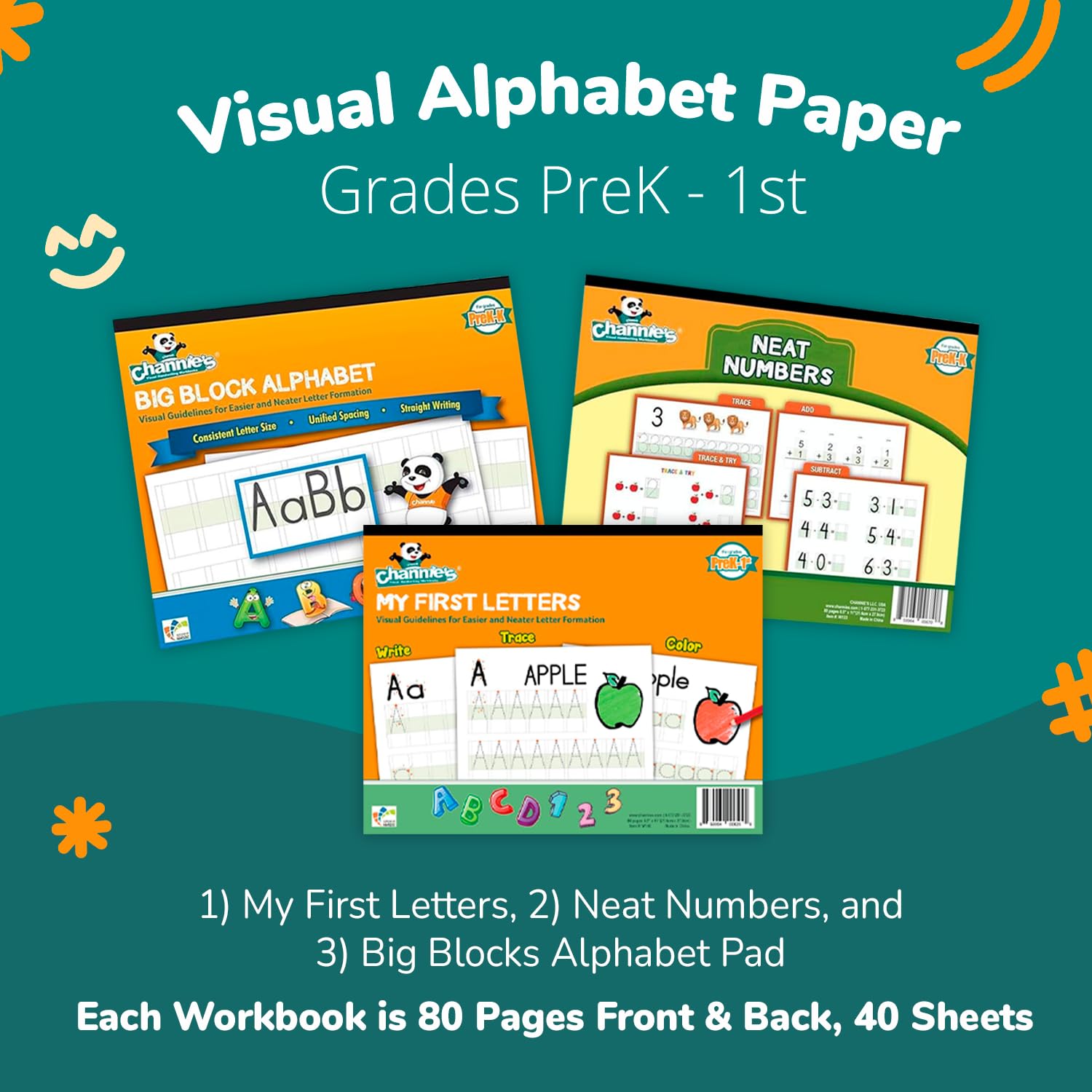 Channie's PreK Lot de 3 cahiers d'apprentissage et de traçage pour l'écriture manuscrite et les chiffres – Lettres de l'alphabet et chiffres pour l'école à la maison et après l'école