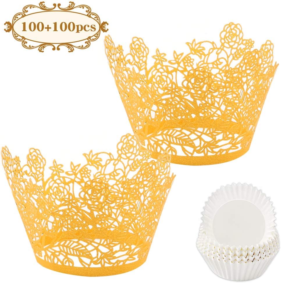 BAKHUK 200pcs Gold Rose Lace Cupcake Wrappers and Liners, Artistic Bake Cake Paper Cups Laser Cut Liners for Wedding Party Birthday Decoration