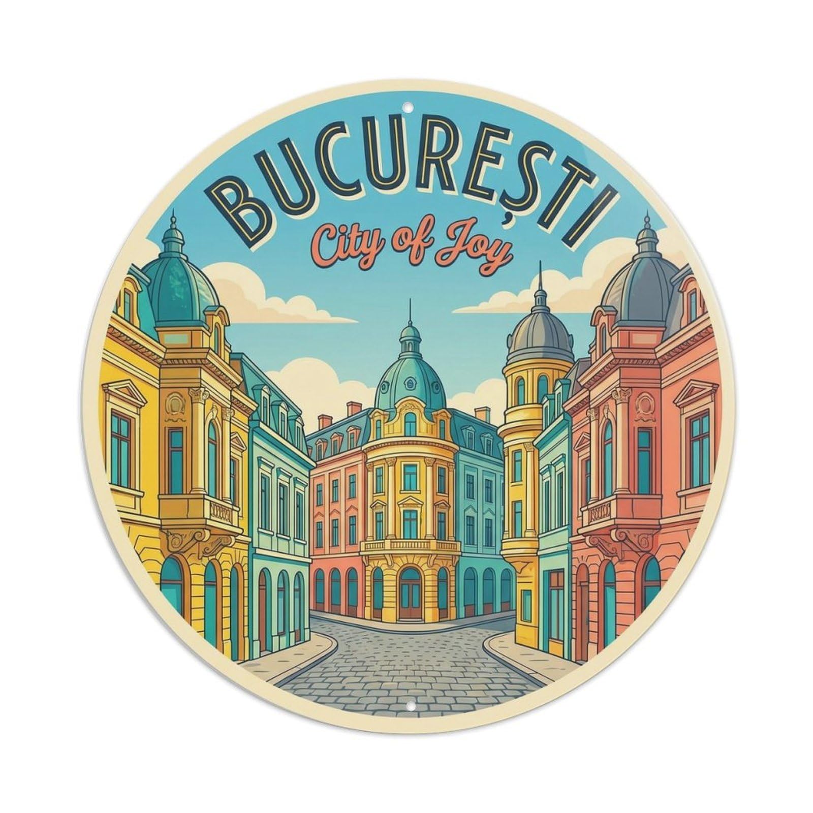 Vintage Travel Romanian Capital Architecture Metal Tin Sign Plaque