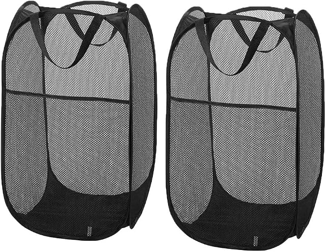 Larpur 2 Pack Mesh Laundry Baskets, Pop up Laundry Hampers Bag with Handles, Foldable Clothes Storage Bin for Laundry Toys Home Dorm Hotel, Black