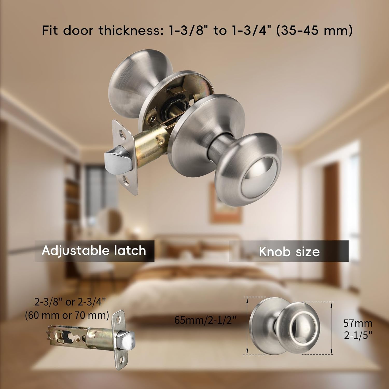 6 Pack Black Door Knobs Interior, Brushed Nickel Hall Door Knob, Non Locking Vintage Door Handles