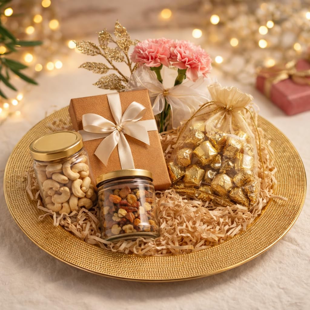 Extreme Karigari Premium Gold Decorative Charger Plate | Pooja Thali, Gift Hamper Base & Decorative Platter for Dining Table, Home Décor, Wedding & Festive Gifting 1