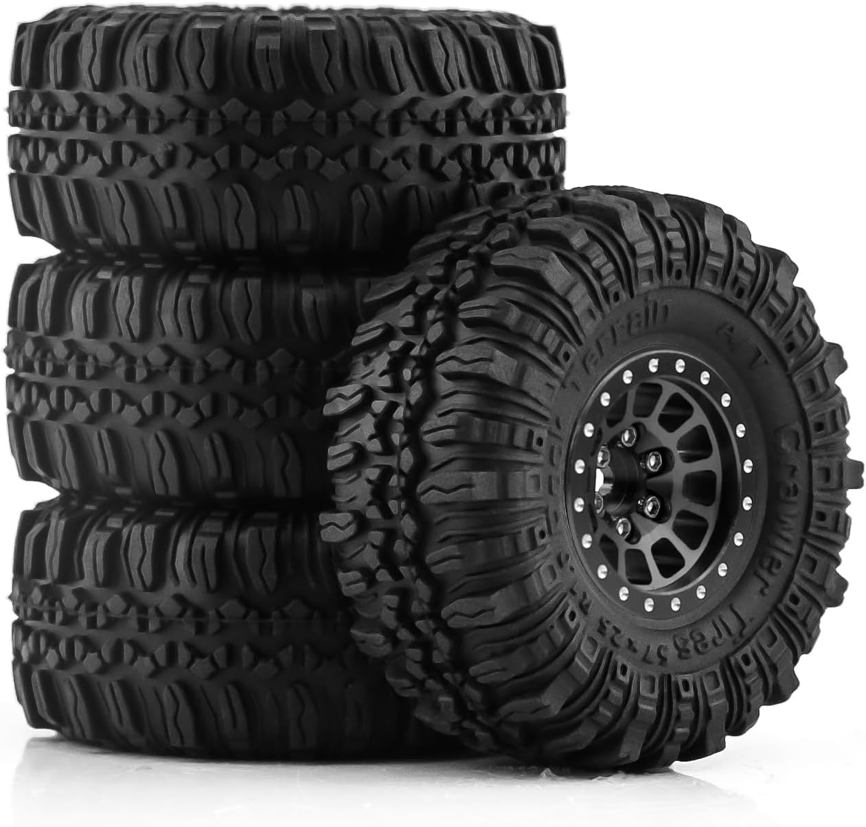 1.0 Beadlock Wheels and Tires 4pcs Aluminum Rim with 7mm Sleeve for RC Crawler Axial SCX24 Gladiator Bronco C10 Deadbolt AX24 TRX4M FCX24 Upgrade Parts (Black)