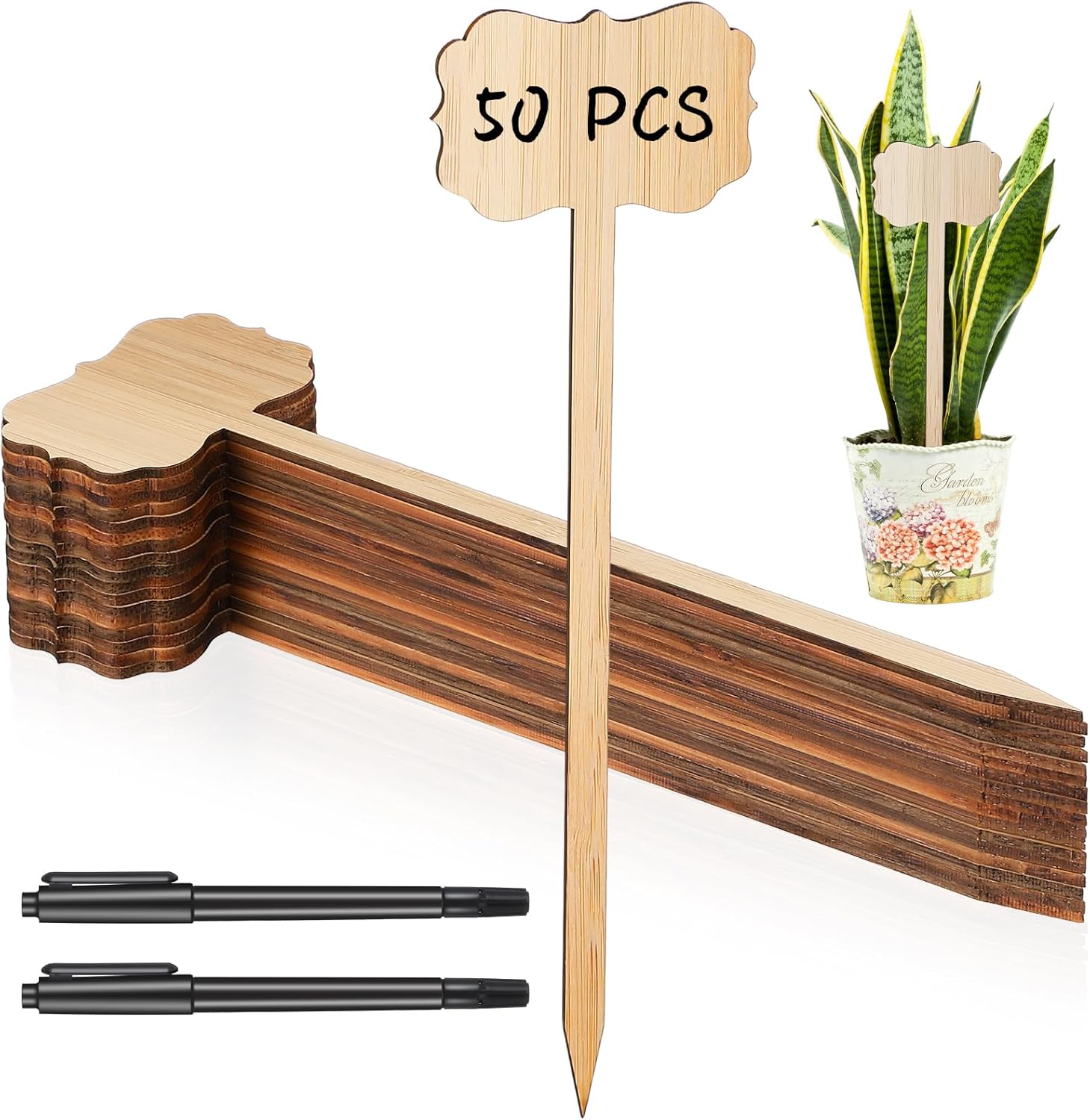 50 Pcs Bamboo Plant Labels 8 Inch Extra Long Plant Tags for Seedlings Garden Markers with Pen T-Type Tags Waterproof Nursery Garden Signs for Outdoor Flower Herb Potted