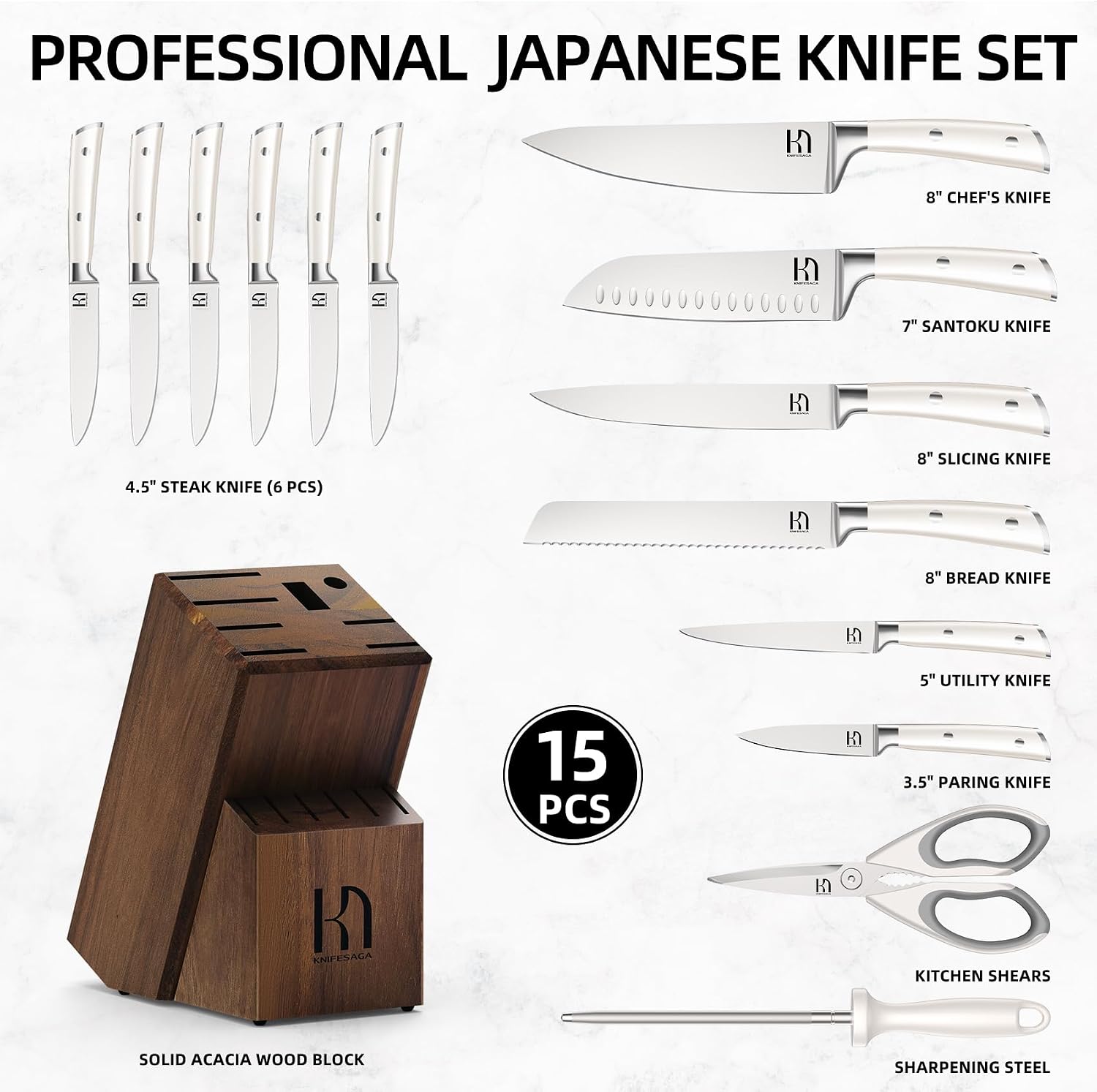 KnifeSaga Knife Set, Premium 15 Pcs Japanese Kitchen Knife Block Sets High Carbon Stainless Steel with Sharpener, Razor Sharp Knives Set for Kitchen with Wood Knife Block, Ergonomic Full-tang Handle