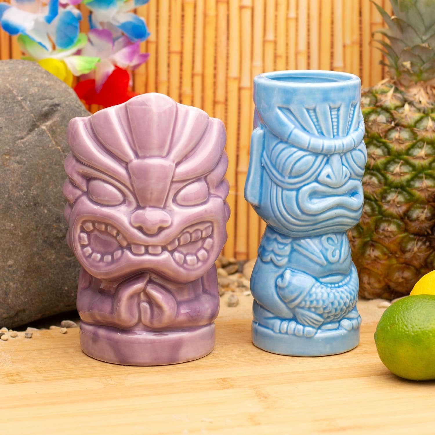 CKB LTD Tiki Ceramic Beakers Set of 2 Coloured Glasses Mugs Large Tall Tumblers Ceramic Cocktail Glasses Ideal for Hawaiian Luau Party Beakers Decorative Cups Drinkware (Blue and Purple) - Image 4