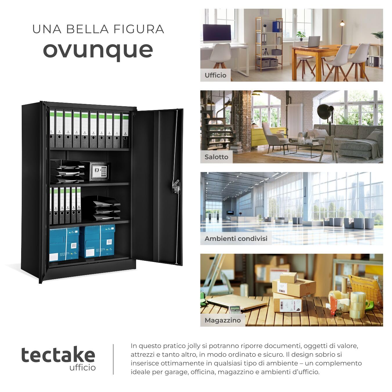 tectake® Armadio Portadocumenti, Armadio Multiuso 4 Scomparti, Ante a Battenti Rinforzate, Chiusura con Serratura a Cilindro, Acciaio di Alta Qualità Verniciato a Polvere, 140x90x40 cm - Nero