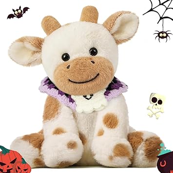 Hopearl Adorable Halloween Plush Cow Toy with Knitted Cute Ghost Bib Floppy Dairy Cattle Soft Stuffed Animal Kawaii Gifts for Boys Girls Kids Toddlers, Light Brown, 9